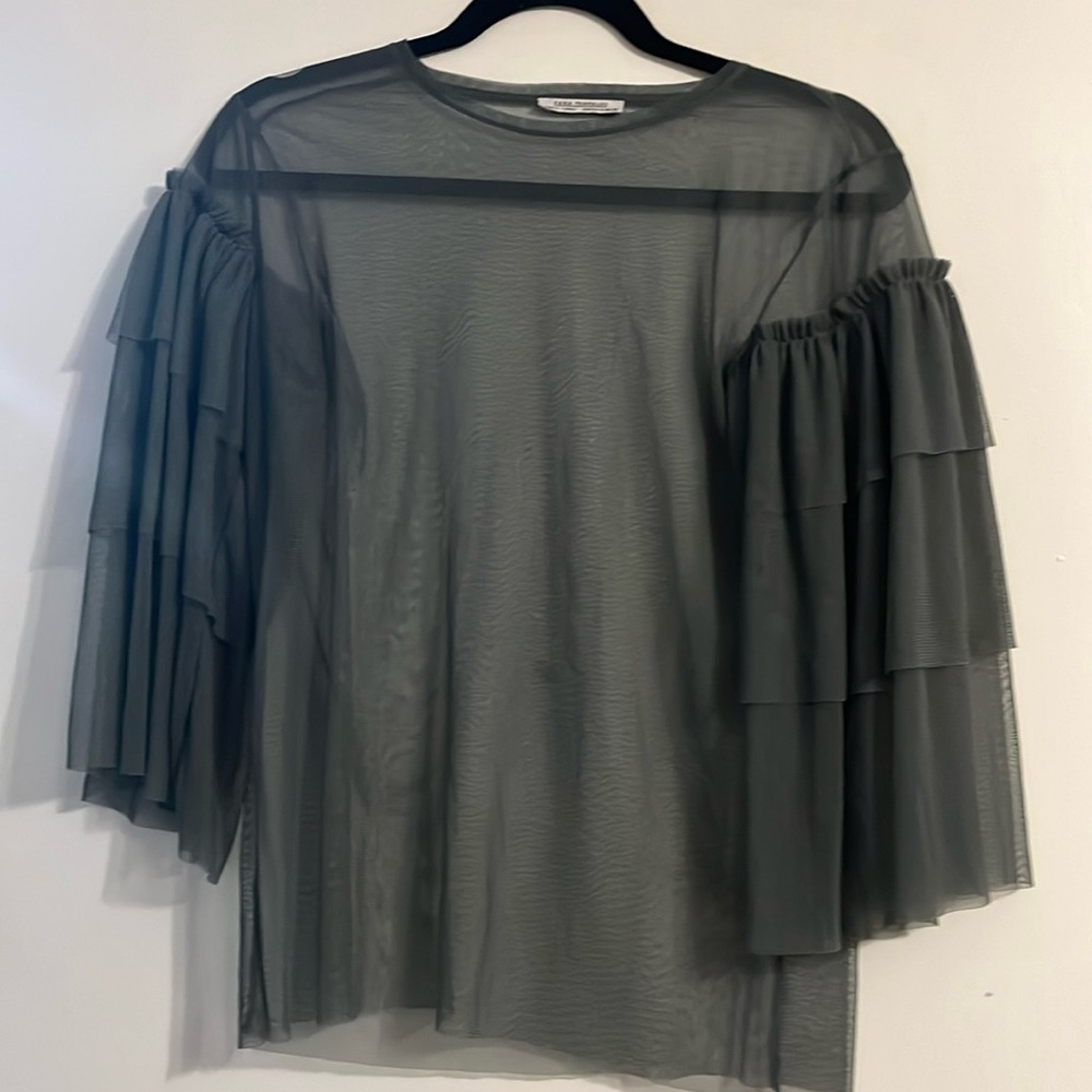 Zara Woman S Green Blouse layered L 3/4 Bell Sleeve